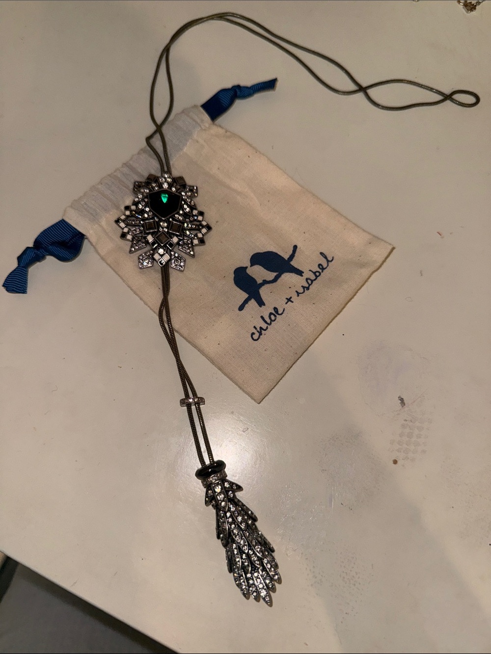 Chloe + Isabel Olive Cord Lariat Necklace with Emerald Accent